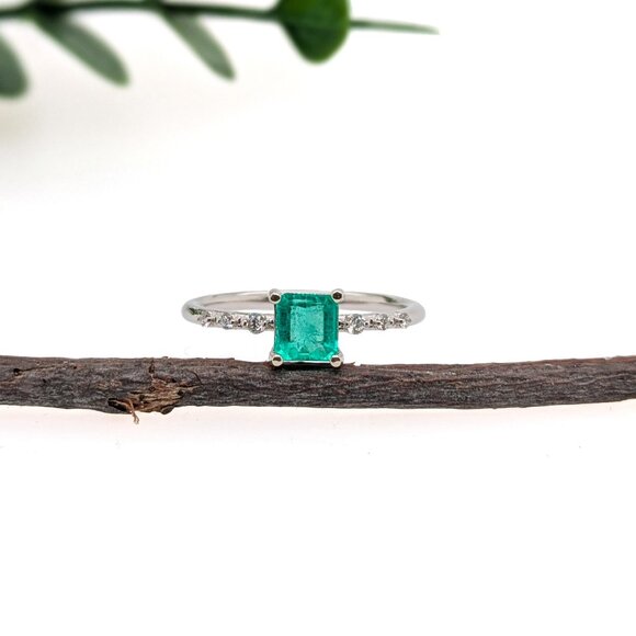 Ethiopian Emerald Ring in Solid 14K White Gold with Natural Diamond Accents - Picture 4 of 7